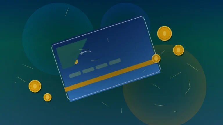 Tarjeta de crédito azul y monedas doradas como símbolos de cashback y recompensas