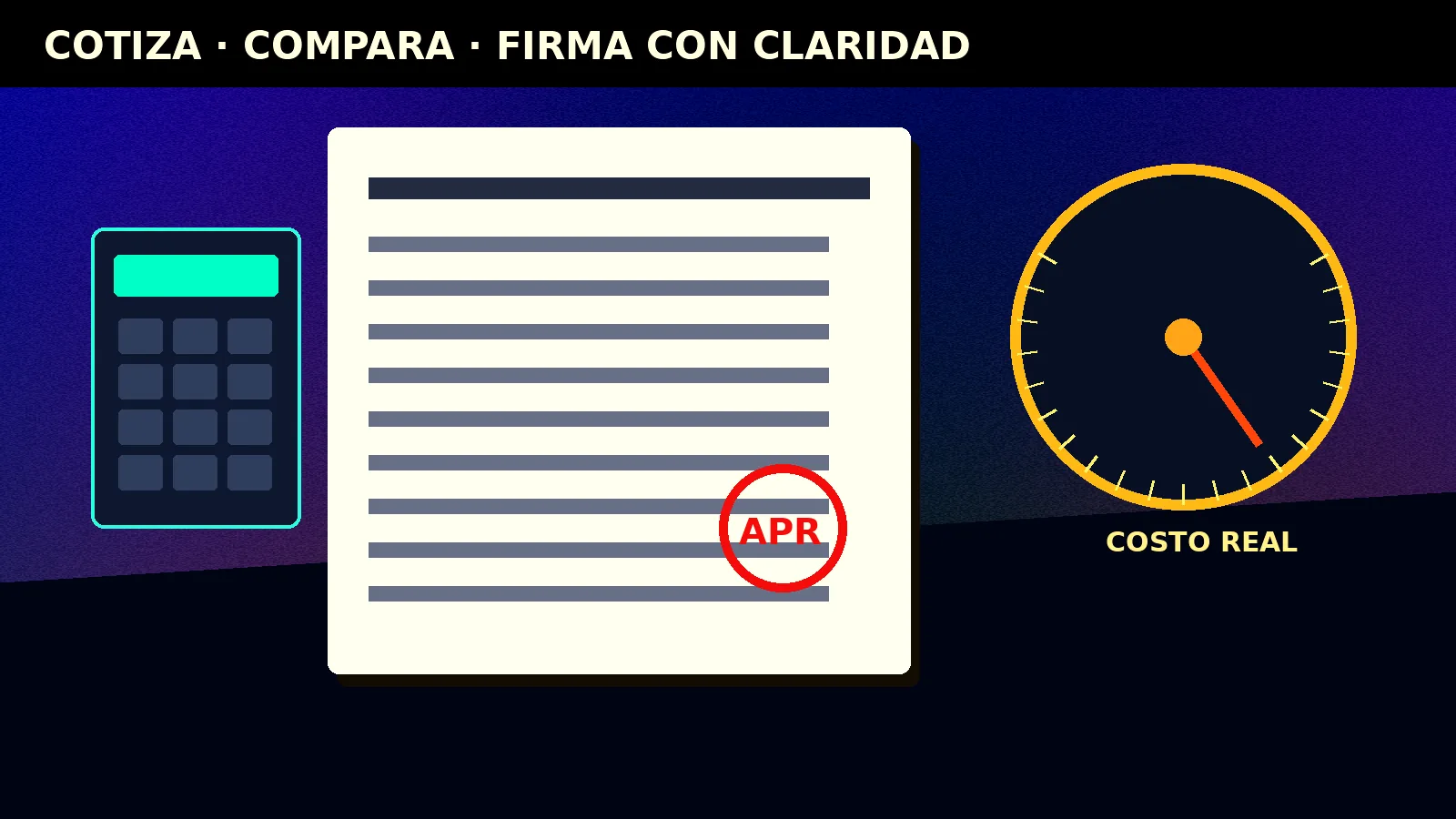 Contrato y dial de APR iluminados como símbolos para cotizar un préstamo personal