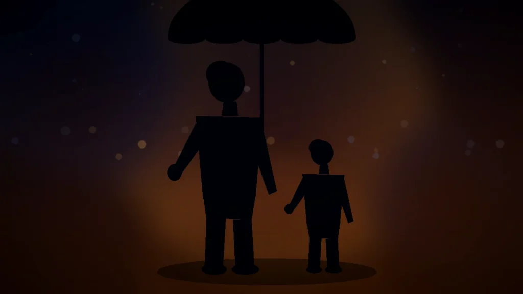 Silueta de un adulto y un niño bajo un paraguas a contraluz ámbar, símbolo cinematográfico de protección familiar con seguro de vida