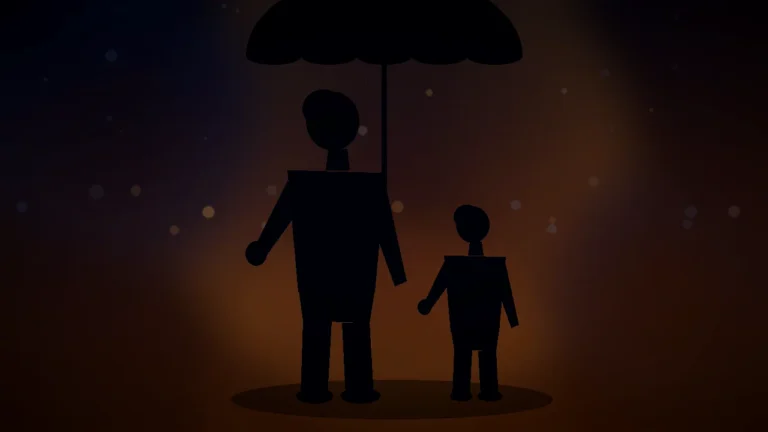 Silueta de un adulto y un niño bajo un paraguas a contraluz ámbar, símbolo cinematográfico de protección familiar con seguro de vida